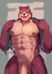  abs anthro canid canine cheek_tuft countershade_torso countershading facial_tuft fur genitals hi_res humanoid_genitalia humanoid_penis kawara_gawara male mammal maroon_body maroon_fur muscular muscular_anthro muscular_male nipples nude pecs penis red_eyes solo tan_body tan_countershading tan_penis tuft 