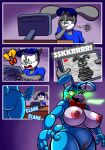  anthro big_breasts blue_body bonnie_(fnaf) breasts clothed clothing comic duo english_text eyewear female five_nights_at_freddy&#039;s genitals glasses grey_body hi_res huge_breasts lagomorph leporid machine male mammal nipples nude protagon pussy rabbit robot scottgames text video_games 