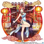  1girl blue_eyes bottle braid breasts china_dress chinese_clothes cleavage cleavage_cutout clothing_cutout cup dress holding holding_cup holding_teapot hong_meiling indoors lantern large_breasts leg_up long_hair looking_at_viewer official_alternate_costume official_art pouring red_hair rotte_(1109) shelf side_braids side_slit sleeveless sleeveless_dress smile solo sparkle standing teacup teapot touhou touhou_lost_word white_dress white_footwear 
