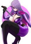  1girl alternate_costume bangs black_footwear black_gloves bodysuit boots breast_strap breasts camilla_(fire_emblem) cape cleavage curvy fire_emblem fire_emblem_fates fire_emblem_heroes foreshortening gloves hair_over_one_eye half-closed_eyes half_mask high_heel_boots high_heels highres holding holding_knife huge_breasts ihsnet knife lips long_hair mask purple_bodysuit purple_eyes purple_hair sidelocks smile solo squatting thigh_boots 