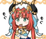  1girl :t bangs blush breasts closed_mouth commentary_request crop_top eating food genshin_impact green_eyes headpiece holding holding_food horns horns_through_headwear long_hair long_sleeves looking_away low_twintails mitya navel nilou_(genshin_impact) puffy_long_sleeves puffy_sleeves red_hair small_breasts solo translation_request twintails twitter_username upper_body veil very_long_hair white_background 