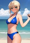  1girl ahoge ai-assisted alternate_costume annoyed arm_behind_back arm_up artoria_pendragon_(fate) bangs beach bikini blonde_hair blue_bikini blush braid breasts closed_mouth fate/stay_night fate_(series) frown green_eyes haruhisky highres looking_at_viewer medium_breasts navel outdoors ribbon saber short_hair sidelocks solo standing stomach swimsuit 
