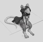  2021 anthro bandage biped breasts claws cloak clothed clothing female greyscale hi_res knife mammal monochrome murid murine rat rodent schmutzo solo toe_claws 