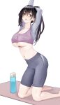  1girl black_hair bottle breasts cleavage clothes_lift feet_out_of_frame highres hitomi_o large_breasts long_hair long_sleeves navel open_mouth original pants pink_shirt shirt shirt_lift shorts simple_background stretching underboob water_bottle yoga_pants 