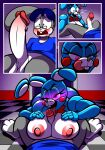  absurd_res anthro big_breasts blue_body bonnie_(fnaf) breast_play breasts clothed clothing comic duo english_text female five_nights_at_freddy&#039;s genitals grey_body hi_res lagomorph leporid licking machine male male/female mammal nipples nude oral penile penis penis_lick protagon rabbit robot scottgames sex text titfuck tongue tongue_out video_games 