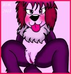  anthro bedroom_eyes biped blush border canid canine digital_drawing_(artwork) digital_media_(artwork) disney female fluppy_dogs fur fuzzy genitals lying mammal narrowed_eyes nude on_back presenting purple_body purple_eyes purple_fur pussy red_border reddragonkan seductive solo tippi tongue tongue_out 