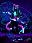  2020 3:4 absurd_res alternate_version_at_source anthro belt black_light blacklight bodypaint bottomwear clothed clothing dagger dated ear_piercing ear_ring felid footwear front_view full-length_portrait hi_res holding_dagger holding_scythe jacket looking_at_viewer male mammal mask melee_weapon midriff open_clothing open_jacket open_topwear pants papayafurry piercing portrait pupils ring_piercing shoes signature slit_pupils solo standing topwear weapon yellow_eyes 