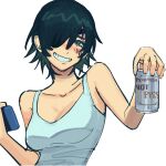  1boy 1girl bangs bare_shoulders beer_can black_hair blush breasts can chainsaw_man eyepatch green_eyes highres himeno_(chainsaw_man) large_breasts liowig looking_at_another looking_at_viewer meme nintendo_switch short_hair simple_background smile solo white_background 
