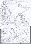  beam beam_rifle black_and_white border building comic cracked cracked_wall cracks crouching damaged_building dialogue energy_beam english_text flying_machine gun gunshot in_denial kitfox-crimson machine mecha melee_weapon monochrome onomatopoeia outside_border ranged_weapon sketch smoke sound_effects speech_bubble stab sword text weapon window zero_pictured 