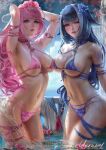  2girls armpits arms_up bikini blue_bikini blue_hair body_markings breasts choker cleavage dripping highres indie_virtual_youtuber large_breasts lips multicolored_hair multiple_girls one_eye_closed pink_bikini pink_eyes pink_hair pink_lips shylily stomach strap swimsuit thick_thighs thighs underboob underwear unravel_page virtual_youtuber wet white_hair 