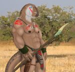  2022 3_fingers abs anthro balls biceps blue_eyes bone bone_necklace bottomwear bottomwear_aside claws clothing clothing_aside dinosaur fingers flaccid foreskin genitals hi_res holding_object holding_spear holding_weapon humanoid_genitalia jewelry kaa_bakensobek loincloth loincloth_aside looking_aside male markings melee_weapon muscular muscular_anthro muscular_male navel necklace nipples outside pecs penis polearm portrait red_markings reptile savanna scalie smile solo spear standing teeth theropod three-quarter_portrait tribal tribal_markings tyrannosaurid tyrannosaurus tyrannosaurus_rex weapon 
