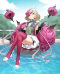 1girl abigail_(frigga) alcohol black_gloves black_nails blonde_hair choker crossed_legs cup dislyte drinking_glass elbow_gloves fence flower gloves highres holding holding_cup kiritzugu one_eye_covered pink_flower pink_rose pool red_eyes rose skin_tight sky spiked_choker spikes thighhighs weapon wine wine_glass 