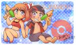  1boy 1girl adapted_costume bandaid barefoot beanie bikini bow_hairband brendan_(pokemon) english_text hairband hat holding holding_hands holding_water_gun may_(pokemon) pokemon short_shorts shorts smile swimsuit topophilia translation_request water_gun 