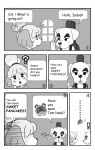  2022 animal_crossing anthro blush canid canine canis comic dialogue domestic_dog duo ellipsis english_text exclamation_point greeting hi_res humanoid_hands isabelle_(animal_crossing) k.k._slider kemono mammal monochrome mujina_uranoya nintendo raccoon_dog tanuki text tom_nook_(animal_crossing) video_games 