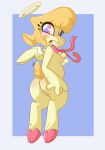  angel anthro bovid breasts butt caprine castingwhisper cherub female fluffy fluffy_tail fur genitals halo helluva_boss hi_res keenie_(helluva_boss) mammal open_mouth pussy sheep simple_background solo teeth thick_thighs wings yellow_body yellow_fur 
