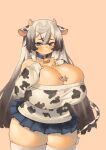  1girl :3 animal_ears animal_print bell between_breasts black_hair blue_eyes blush breast_suppress breasts bursting_breasts choker cleavage cow cow_ears cow_girl cow_horns cow_print cow_tail cowbell cowboy_shot gradient_hair horns huge_breasts long_hair microskirt multicolored_hair neck_bell off-shoulder_sweater off_shoulder original pincerpencil plump simple_background skirt sleeves_past_wrists solo sweater tail thick_thighs thighhighs thighs very_long_hair white_hair white_thighhighs 