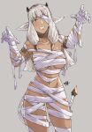  1girl absurdres alternate_costume animal_ears armlet ash_(fire_emblem) bandage_over_one_eye bandages bangs black_horns breasts brown_eyes collar collarbone commentary cow_ears cow_girl cow_horns cow_tail dark-skinned_female dark_skin english_commentary fire_emblem fire_emblem_heroes grey_background grin halloween halloween_costume highres horns looking_at_viewer medium_breasts mummy_costume naked_bandage one_eye_covered sakuremi signature simple_background smile solo tail teeth white_hair 