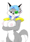  2000 anthro big_breasts black_nose blue_hair breasts canid canine dragon_ball female fox fur furgeta grey_body grey_fur hair looking_at_viewer mammal mostly_nude navel nipples simple_background solo white_background 