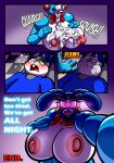  anthro big_breasts blue_body bodily_fluids bonnie_(fnaf) breasts clothed clothing comic cum cum_on_breasts duo english_text eyewear female five_nights_at_freddy&#039;s genital_fluids glasses grey_body hi_res huge_breasts lagomorph leporid machine male mammal nipples nude protagon rabbit robot scottgames text video_games 
