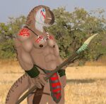  2022 3_fingers abs anthro biceps blue_eyes bone bone_necklace bottomwear bulge claws clothing dinosaur fingers hi_res holding_object holding_spear holding_weapon jewelry kaa_bakensobek loincloth looking_aside male markings melee_weapon muscular muscular_anthro muscular_male navel necklace nipples outside pecs polearm portrait red_markings reptile savanna scalie smile solo spear standing teeth theropod three-quarter_portrait tribal tribal_markings tyrannosaurid tyrannosaurus tyrannosaurus_rex weapon 