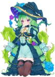  absurdres amatai_(yyiksh) breasts brown_socks dress flower frilled_dress frills green_dress green_hair green_nails hat highres kneehighs medium_breasts monster_strike nemu_(monster_strike) pink_eyes purple_eyes rose smile socks stomach thick_thighs thighs white_background witch_hat 