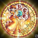  1girl amyroser black_eyes brown_hair crown daisy dive_to_the_heart dress earrings english_commentary floating_hair flower hair_over_one_eye highres holding jewelry kingdom_hearts looking_down luigi mario mario_(series) medium_hair open_hand parody princess_daisy princess_peach red_hair silhouette solo_focus stained_glass super_mario_land super_mario_land_2 super_mushroom super_smash_bros. toad_(mario) v-shaped_eyebrows watermark 