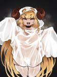  1girl anila_(granblue_fantasy) bangs black_choker blonde_hair blunt_bangs breasts choker costume draph ghost_costume granblue_fantasy highres horns huge_breasts large_breasts long_hair long_sleeves looking_at_viewer nude see-through sheep_horns short_eyebrows simple_background smile solo steam steaming_body sweat thick_thighs thighhighs thighs transparent very_long_hair white_thighhighs zanamaoria 
