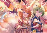  alpaca_ears alpaca_girl animal_ears blonde_hair braid eight-tailed_fox_nari festival fireworks flower flower_basket flower_girl_bari food fox_boy fox_ears fox_girl fox_tail green_hair guardian_tales hair_flower hair_ornament hand_fan highres japanese_clothes kimono market_stall mask mask_on_head mayreel_(guardian_tales) nine_tailed_fox_garam orange_hair poncho_(31103105) pouty_lips purple_eyes short_hair tail takoyaki water_balloon yukata 