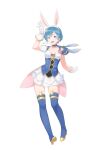  1girl :d absurdres alternate_costume animal_ears blue_dress blue_eyes blue_footwear blue_hair blue_thighhighs boots breasts cleavage dress fake_animal_ears fire_emblem fire_emblem:_the_binding_blade fire_emblem_heroes full_body gloves headband highres open_mouth pocklepockle25 rabbit_ears shanna_(fire_emblem) short_hair short_sleeves simple_background skirt small_breasts smile solo thigh_boots thighhighs white_background white_gloves white_skirt 