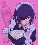  1girl bangs black_hair breasts chainsaw_man cleavage cleavage_cutout clothing_cutout cream eyepatch gloves highres himeno_(chainsaw_man) large_breasts licking liowig looking_at_viewer maid maid_headdress pink_background short_hair simple_background solo tongue whipped_cream white_gloves 