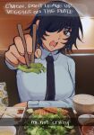  1girl bangs black_hair black_necktie bowl breasts chainsaw_man chopsticks collared_shirt eyepatch feeding food green_eyes highres himeno_(chainsaw_man) large_breasts liowig looking_at_viewer necktie open_mouth pov restaurant salad shirt short_hair snapchat solo vegetable white_shirt 