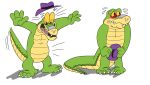  2021 3_toes 4_fingers alligator alligatorid alpha_channel anthro blush brok_(character) brok_the_investigator clothing crocodilian feet fingers green_body hat headgear headwear hi_res jolly_the_lizard jollyville male reptile scalie simple_background slightly_chubby solo surprise toes transparent_background video_games 