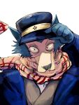  1boy beastars cosplay dogma_uepon furry golden_kamuy hat kepi legoshi military military_hat military_uniform scar scar_on_face scarf simple_background sugimoto_saichi sugimoto_saichi_(cosplay) uniform upper_body voice_actor_connection white_background wolf yellow_scarf 