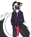  absurd_res anthro big_penis big_tail bottomwear clothed clothing fully_clothed genitals hi_res hoodie jeremy_(topazknight) male mammal mask mephitid open_bottomwear open_clothing open_pants pants penis presenting presenting_penis skunk solo tapering_penis topazknight topwear underwear 