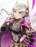  1girl armlet artist_name aura black_gloves bodystocking bodysuit breasts bridal_gauntlets collar covered_navel dark_aura dark_persona eyes_of_grima fire_emblem fire_emblem_awakening fire_emblem_cipher fire_emblem_heroes floating floating_object gloves grey_background grey_hair grima_(fire_emblem) grin hand_tattoo highres large_breasts long_hair official_alternate_costume pochi_(furaigonn) red_eyes robin_(fire_emblem) robin_(fire_emblem)_(female) simple_background smile solo tattoo twintails upper_body 