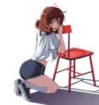  1girl absurdres ahoge ass bangs black_footwear blue_buruma blush brown_hair buruma commentary_request eyelashes full_body g9in32 gym_uniform hands_up hibike!_euphonium highres kneeling leaning_forward legs looking_at_viewer looking_to_the_side medium_hair midriff_peek open_mouth orange_eyes oumae_kumiko shadow shiny shiny_hair shirt shoes short_sleeves simple_background sneakers socks solo thighs white_background white_shirt white_socks 