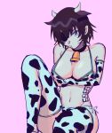  1girl animal_ears animal_print bangs bell bikini black_hair breasts chainsaw_man choker cleavage cow_ears cow_print cowbell eyepatch highres himeno_(chainsaw_man) large_breasts liowig looking_at_viewer midriff pink_background short_hair simple_background solo swimsuit tattoo thighhighs 