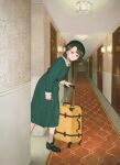  1girl black_footwear black_hair brown_eyes carpet door dress green_dress grey_socks hallway highres jewelry long_sleeves looking_at_viewer necklace original shoes short_hair socks solo suitcase utsuwa0120 wide_shot 