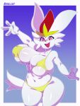  absurd_res anthro big_breasts bikini breasts cinderace clothing female generation_8_pokemon hi_res huge_breasts navel negullust nintendo open_mouth open_smile pokemon pokemon_(species) red_eyes smile solo swimwear thick_thighs video_games white_body 