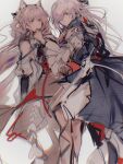  2girls absurdres animal_ears arknights black_dress clenched_hand dress earrings feet_up gladiia_(arknights) grey_hair hair_ornament hand_up highres jewelry long_hair long_sleeves multiple_girls pink_hair pointy_ears pozyomka_(arknights) red_eyes shao129049 simple_background sketch white_background white_dress wolf_ears wolf_girl 