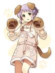  1girl animal_ears animal_hands bangs bone_print brown_choker brown_overalls check_commentary choker commentary_request dog_ears dog_tail dot_nose fake_animal_ears fake_tail fang fur-trimmed_gloves fur-trimmed_sleeves fur_trim gloves hands_up highres hood hoodie idolmaster idolmaster_million_live! idolmaster_million_live!_theater_days light_blush long_sleeves looking_at_viewer makabe_mizuki open_mouth overall_shorts overalls paw_gloves paw_print paw_print_background purple_hair short_hair skin_fang solo tail thighs toro_(shiro) wavy_hair white_background white_hoodie yellow_eyes 