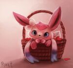  &lt;3 2013 ambiguous_gender basket blue_body blue_eyes blue_fur bow_tie container cryptid-creations ear_bow eeveelution feral fur generation_6_pokemon looking_at_viewer nintendo pink_background pink_body pink_fur pokemon pokemon_(species) simple_background smile solo sylveon video_games 