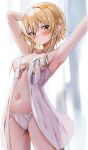  1girl :/ absurdres arm_behind_head armpits arms_up babydoll bangs bare_arms bare_shoulders blonde_hair blurry blurry_background blush bow breasts closed_mouth collarbone covered_nipples cowboy_shot eyes_visible_through_hair genshin_impact hair_between_eyes highres looking_at_viewer lumine_(genshin_impact) medium_breasts nanashinayuzu_mochi navel panties see-through short_hair_with_long_locks sidelocks solo spaghetti_strap stomach thighs underwear white_babydoll white_bow white_panties 