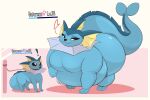  &lt;3 2022 belly big_belly big_butt big_tail black_nose black_sclera blue_body body_size_growth butt collar cracker_(artist) digital_media_(artwork) duo eeveelution exclamation_point eyebrows eyelashes female feral generation_1_pokemon growth_sequence gui hi_res huge_butt hyper hyper_belly hyper_butt leash level_difference level_number male motion_lines nintendo nude overweight overweight_female pokemon pokemon_(species) shaded simple_background size_difference size_transformation smile transformation vaporeon video_games 