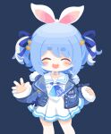  1girl animal_ears bangs bare_legs blue_background blue_hair blue_jacket blue_neckerchief blue_ribbon blush carrot_hair_ornament chibi closed_eyes commentary cowboy_shot dress food-themed_hair_ornament fur-trimmed_jacket fur_trim hair_ornament hair_ribbon hololive jacket long_sleeves multicolored_hair neckerchief open_clothes open_jacket open_mouth rabbit_ears ribbon rizu_(rizunm) sailor_collar short_eyebrows short_twintails sidelocks simple_background smile solo teeth thick_eyebrows twintails twitter_username two-tone_hair upper_teeth usada_pekora virtual_youtuber waving white_dress white_hair white_sailor_collar 