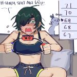  1boy 1girl bangs bare_shoulders black_hair breasts chainsaw_man couch eyepatch green_eyes hayakawa_aki highres himeno_(chainsaw_man) liowig looking_at_viewer meme nintendo_switch on_couch open_mouth pillow ring-con short_hair short_shorts shorts simple_background solo_focus sports_bra surprised sweat white_background 