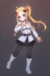  1girl abigail_williams_(fate) bangs belt black_pantyhose black_skirt blonde_hair blue_eyes blush boots breasts chaldea_uniform collared_shirt command_spell cosplay fate/grand_order fate_(series) forehead fujimaru_ritsuka_(female) fujimaru_ritsuka_(female)_(cosplay) full_body hair_ornament hair_scrunchie highres knee_boots long_hair long_sleeves looking_at_viewer miya_(miyaruta) orange_scrunchie pantyhose parted_bangs scrunchie shirt skirt small_breasts solo white_footwear white_shirt 