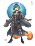  2022 ailurid anthro armor boots bottomwear breasts byleth_(fire_emblem) chise_(suntattoowolf) clothing cosplay female footwear green_eyes green_hair grin hair hi_res kacey knife looking_at_viewer mammal markings red_panda ring_(marking) ringtail simple_background skirt smile solo tail_markings traditional_media_(artwork) vambraces white_background 