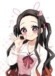  1girl absurdres black_hair brown_hair checkered_background forehead hair_ornament hair_ribbon heart highres kamado_nezuko kimetsu_no_yaiba long_hair multicolored_hair neck_ribbon pink_eyes pink_ribbon pori_(kmt_pori) ribbon shirt solo white_background white_shirt 