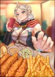  1girl absurdres ahoge axeloust bangs black_bridal_gauntlets blue_eyes braid breasts buttons capelet chest_harness chicken_fingers choker coleslaw commission commissioner_upload cowlick crinkle-cut_fries cup fast_food fire_emblem fire_emblem_fates flower_choker food foreshortening french_fries fried_chicken hairband harness highres holding holding_cup hood hooded_capelet indoors leather long_hair low_twin_braids medium_breasts nina_(fire_emblem) non-web_source o-ring open_mouth parted_bangs raising_cane&#039;s_chicken_fingers red_capelet red_hood sauce solo_focus turtleneck twin_braids two-tone_shirt white_choker white_hair white_hairband 